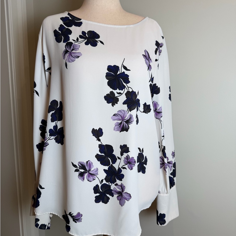 Ann Taylor White Blouse with Purple Floral Design